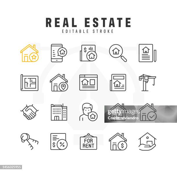 ilustrações, clipart, desenhos animados e ícones de conjunto de ícones da linha imobiliária. golpe editável. pixel perfeito. - mortgage loan