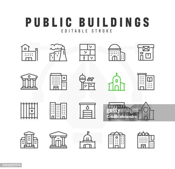 public buildings line icon set. editable stroke. pixel perfect. - construction icon editable stock illustrations