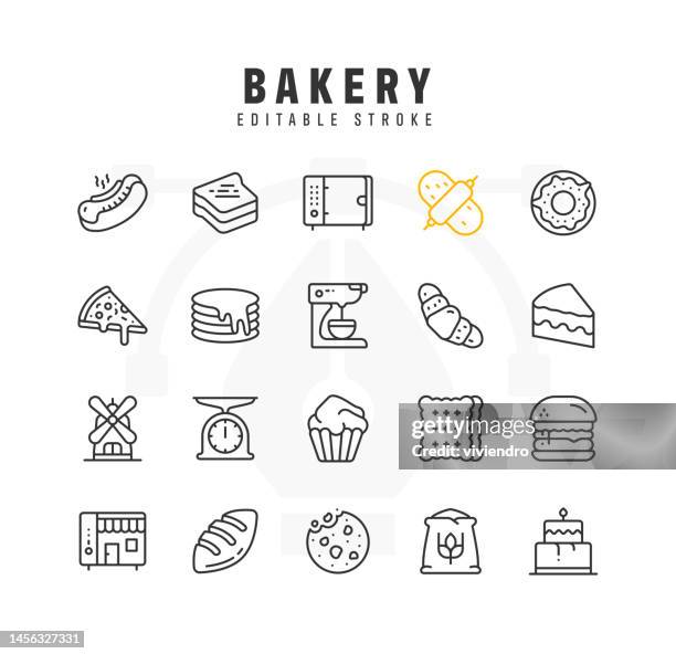 illustrations, cliparts, dessins animés et icônes de jeu d’icônes de ligne de boulangerie. trait modifiable. pixel parfait. - boulangerie industrielle