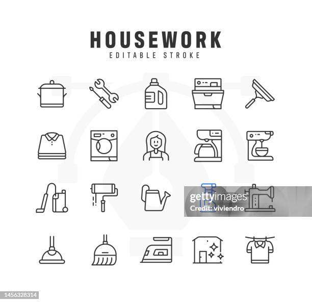 housework line icon set. editable stroke. pixel perfect. - stereotypically working class stock illustrations