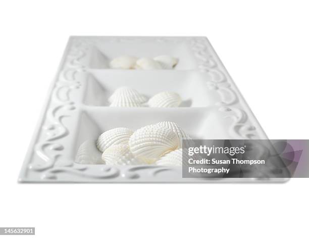 white shells in white tray - chatham new york state stock pictures, royalty-free photos & images