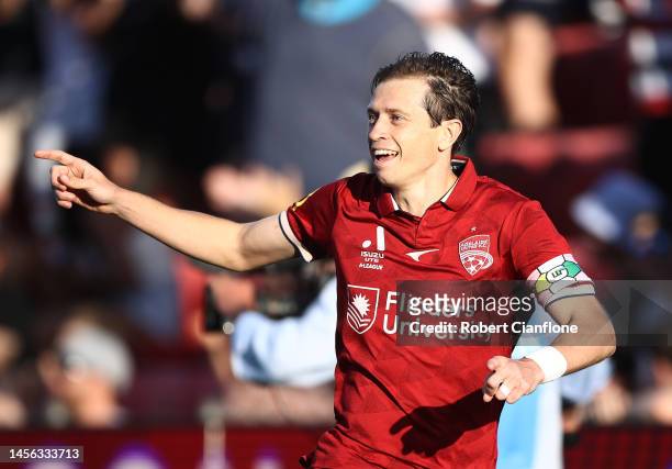 Craig Goodwin of Adelaide United celebrates after scoring a goal during the round 12 A-League Men's match between Adelaide United and Melbourne...