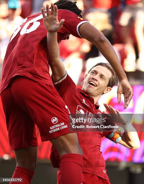 Craig Goodwin of Adelaide United celebrates after scoring a goal during the round 12 A-League Men's match between Adelaide United and Melbourne...