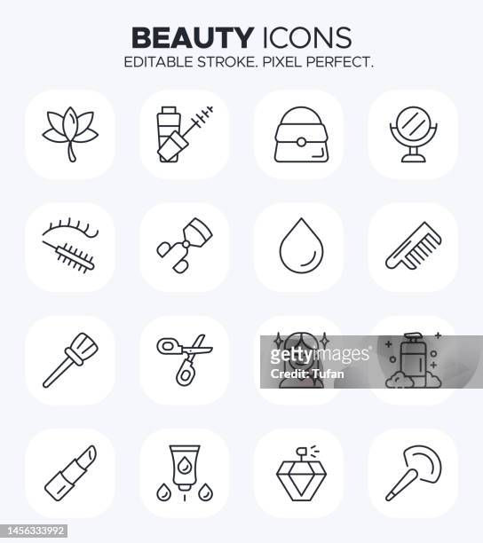 beauty- und make-up-symbole - symbole für hautpflege, haarpflege, nagelpflege und schönheitswerkzeuge - haare föhnen stock-grafiken, -clipart, -cartoons und -symbole