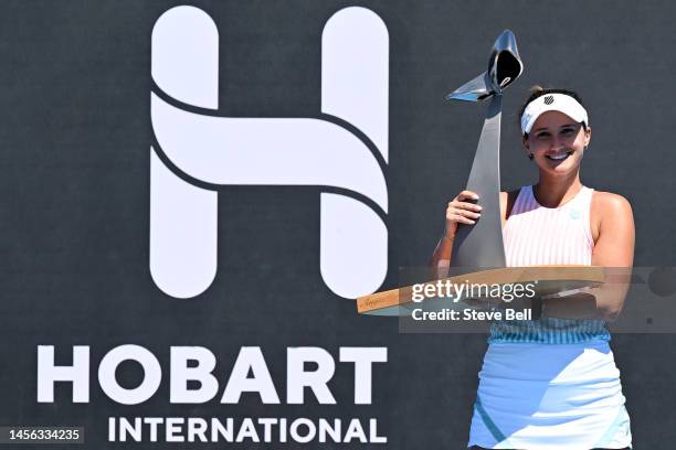 Lauren Davis of USA poses with the winners trophy during day six of the 2023 Hobart International at Domain Tennis Centre on January 14, 2023 in...