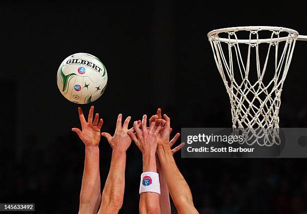 Tegan Caldwell and Kate Beveridge of the Vixens compete for the ball during the round 10 ANZ Championship match between the Vixens and the...