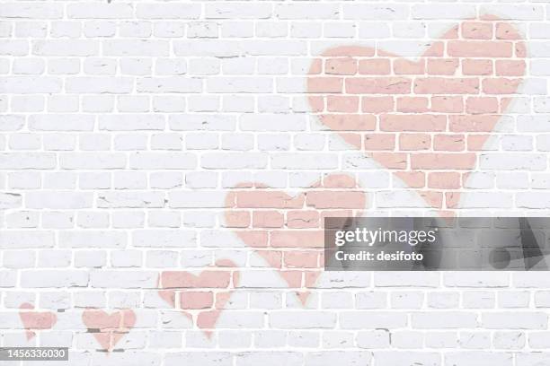 modern white color brick pattern wall texture grunge vector background xmas vector illustration with five faint faded red colored hearts graffiti graffitied on wall in ascending order - whitewashed brick stock illustrations
