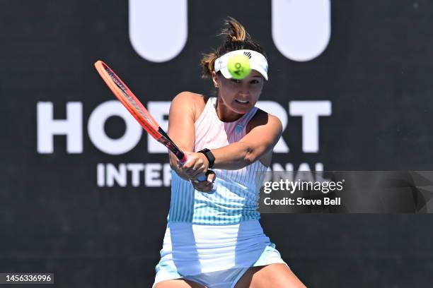 Lauren Davis of USA competes against Elisabetta Cocciaretto of Italy during day six of the 2023 Hobart International at Domain Tennis Centre on...