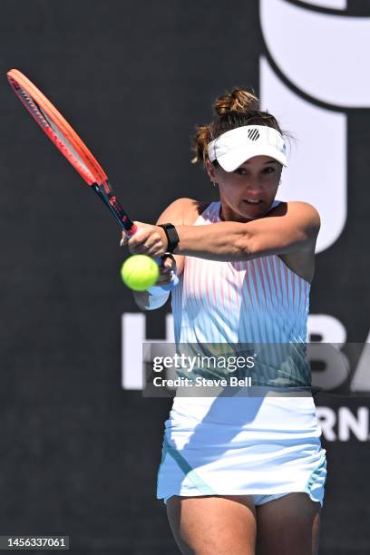 Lauren Davis of USA competes against Elisabetta Cocciaretto of Italy during day six of the 2023 Hobart International at Domain Tennis Centre on...