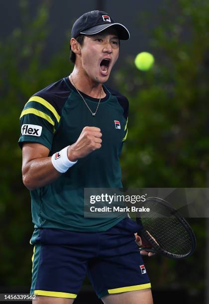 Soonwoo Kwon of Korea celebrates breaking serve against Roberta Bautista Agut of Spain during day six of the 2023 Adelaide International at Memorial...