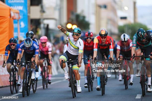 Caleb Ewan of Australia and Australian National Team celebrates at finish line as race winner during the 23rd Santos Tour Down Under 2023 - Schwalbe...