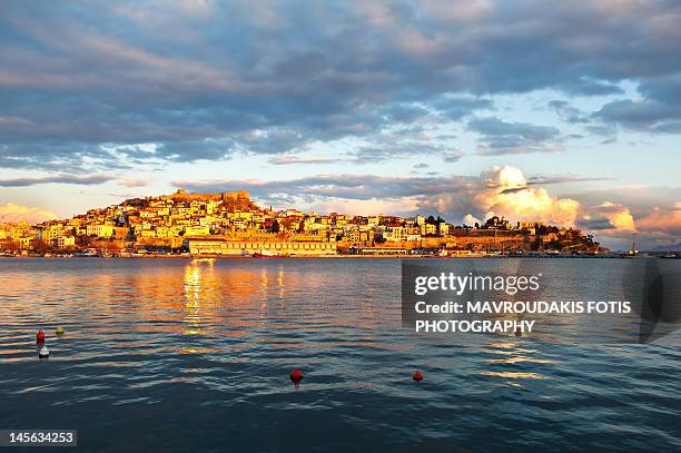 old town peninsula during sunset - kavalla stock-fotos und bilder