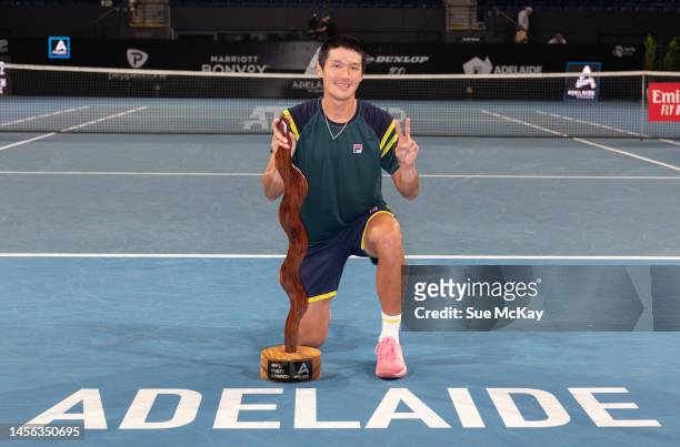 Kwon Soon-woo of South Korea poses with the trophy after defeating Roberta Bautista Agut of Spain in the men's singles final during day six of the...