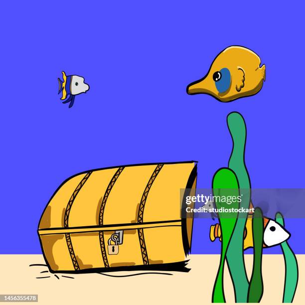 tropical fish and treasure chest - imperial angelfish stock illustrations