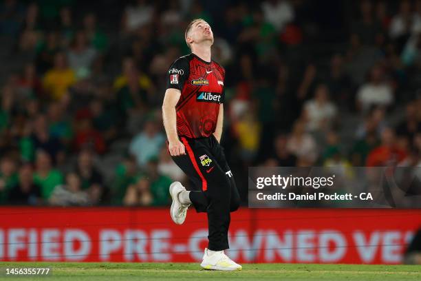 Tom Rogers of the Renegades watches as a ball hits the Marvel Stadium roof during the Men's Big Bash League match between the Melbourne Renegades and...