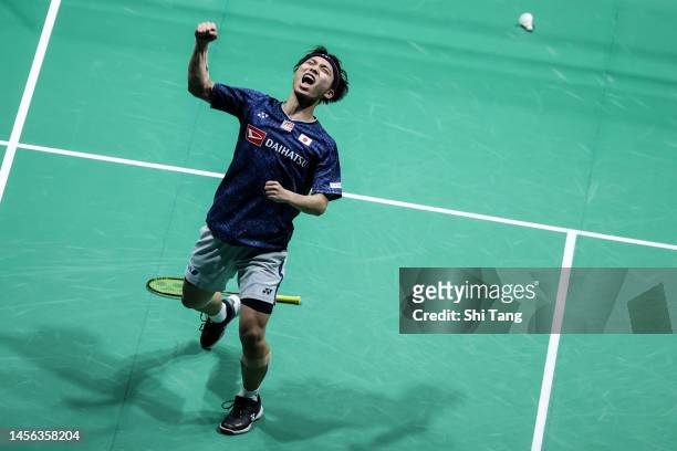 Kodai Naraoka of Japan celebrates the victory in the Men's Singles Semi Finals match against Kunlavut Vitidsar of Thailand on day five of PETRONAS...