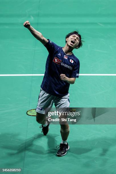 Kodai Naraoka of Japan celebrates the victory in the Men's Singles Semi Finals match against Kunlavut Vitidsar of Thailand on day five of PETRONAS...