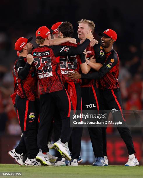 Renegades players celebrate the win during the Men's Big Bash League match between the Melbourne Renegades and the Melbourne Stars at Marvel Stadium,...