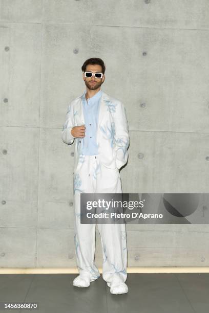 Guest is seen front row at the Emporio Armani fashion show during the Milan Menswear Fall/Winter 2023/2024 on January 14, 2023 in Milan, Italy.