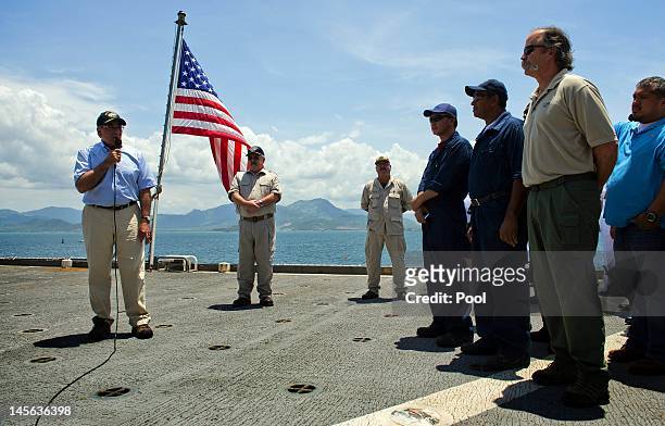 Secretary of Defense Leon Panetta speaks to members of the crew as he visits USNS Byrd on June 3, 2012 in Cam Ranh Bay, Vietnam. Panetta was in...