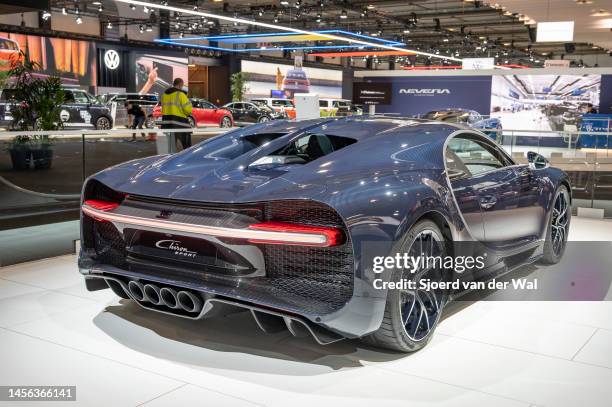 Bugatti Chiron Sport hypercar sports car on display at Brussels Expo on January 13, 2023 in Brussels, Belgium.