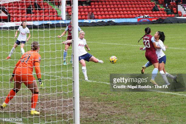 Bethany England of Tottenham Hotspur scores the team's first goal during the FA Women's Super League match between Aston Villa and Tottenham Hotspur...