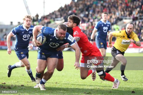 Akker van der Merwe of Sale Sharks scores his sides first tr during the Heineken Champions Cup Pool B match between Sale Sharks and Stade Toulousain...