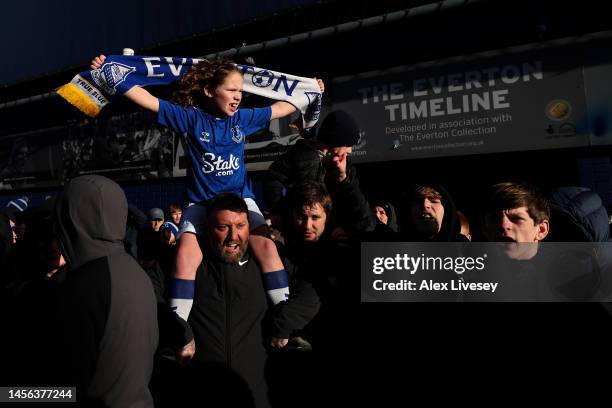 Fans of Everton show their support outside the stadium prior to the Premier League match between Everton FC and Southampton FC at Goodison Park on...