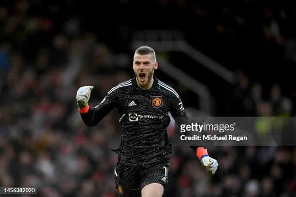 David De Gea of Manchester United celebrates after teammate Marcus Rashford scores the team's second goal during the Premier League match between...