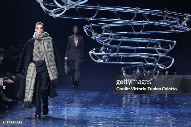 Model walks the runway at the Fendi fashion show during the Milan Menswear Fall/Winter 2023/2024 on January 14, 2023 in Milan, Italy.