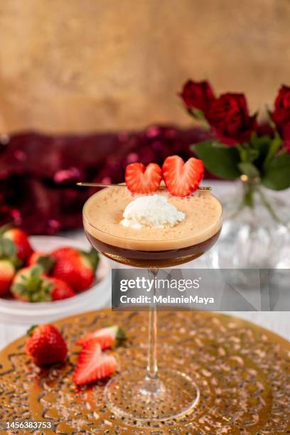 espresso martini affogato with vanilla ice cream and heart shaped strawberries for valentines day - espresso martini stock pictures, royalty-free photos & images