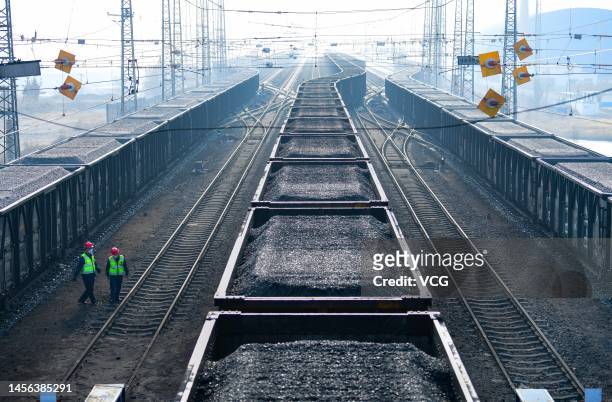 Train loaded with coal ready to leave a coal mine belonging to China Energy Investment Corporation on January 14, 2023 in Ejin Horo Banner, Ordos...