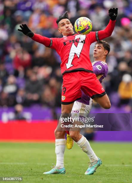 Radamel Falcao Garcia of Rayo Vallecano is challenged by Lucas Rosa of Real Valladolid CF during the LaLiga Santander match between Real Valladolid...