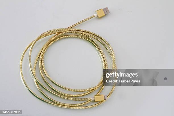 usb type cable with gold color - cargador de móvil fotografías e imágenes de stock