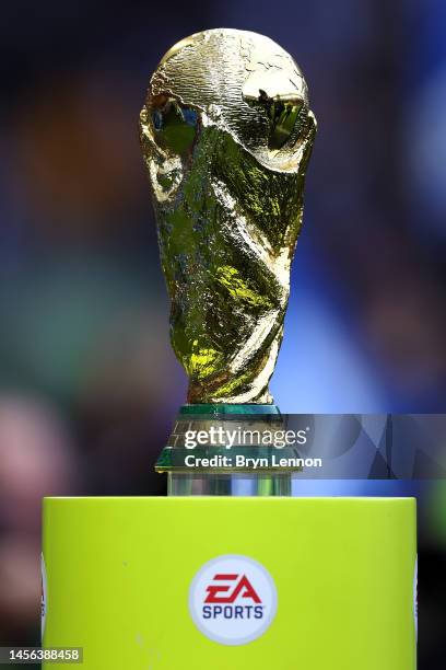 The FIFA World Cup winners trophy is seen on a plinth prior to the Premier League match between Brighton & Hove Albion and Liverpool FC at American...