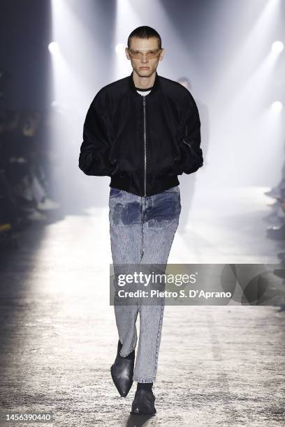 Model walks the runway at the Jordanluca fashion show during the Milan Menswear Fall/Winter 2023/2024 on January 14, 2023 in Milan, Italy.