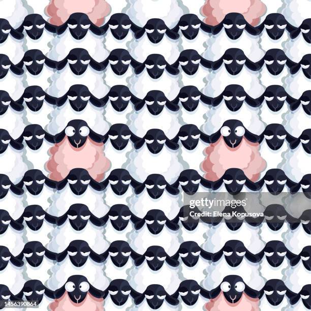 be different from others! a cartoon herd of sheep with a distinctive sheep. modern seamless creative illustration for app, website, presentation or design. - different pets stock illustrations