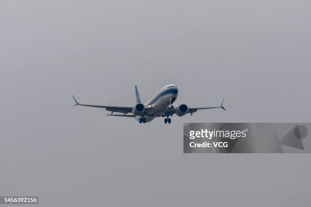 Boeing 737 Max 8 airplane of China Southern Airlines lands at Wuhan Tianhe International Airport as the Boeing 737 Max returns to passenger flying in...