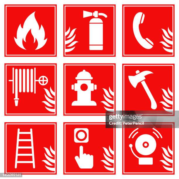 illustrazioni stock, clip art, cartoni animati e icone di tendenza di set vettoriale del segnale antincendio di sicurezza. icone antincendio. illustrazione stock. isolato - axe