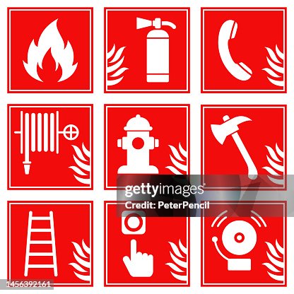 Conjunto de vetores de sinal de incêndio de segurança. Ícones de combate a incêndios. Ilustração Stock. Isolado Conjunto de vetores de sinal de incêndio de segurança. Ícones de combate a incêndios. Ilustração Stock. Isolado