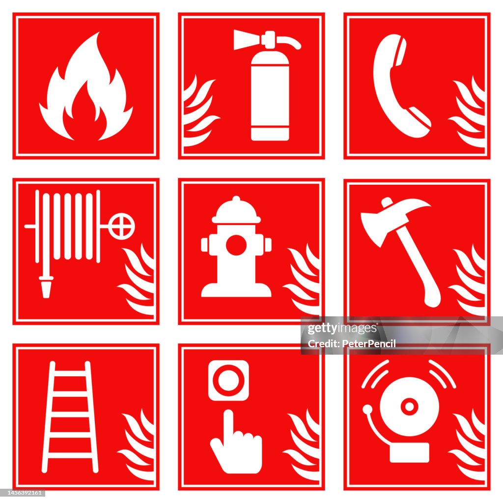 Safety Fire Sign Vector Set. Firefighting icons. Stock Illustration. Isolated
