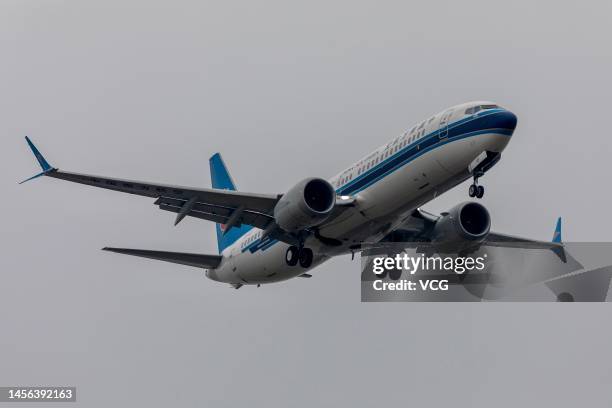 Boeing 737 Max 8 airplane of China Southern Airlines lands at Wuhan Tianhe International Airport as the Boeing 737 Max returns to passenger flying in...