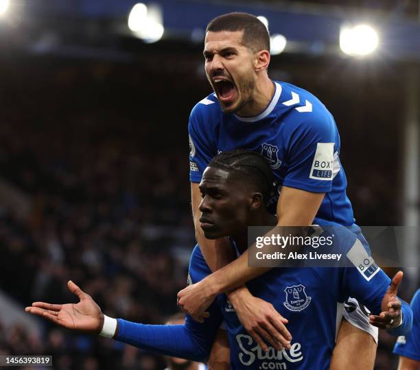 Amadou Onana of Everton celebrates after scoring the team's first goal during the Premier League match between Everton FC and Southampton FC at...