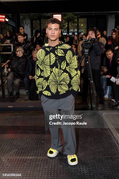 Jan Luis Castellanos is seen front row at the MSGM fashion show during the Milan Menswear Fall/Winter 2023/2024 on January 14, 2023 in Milan, Italy.