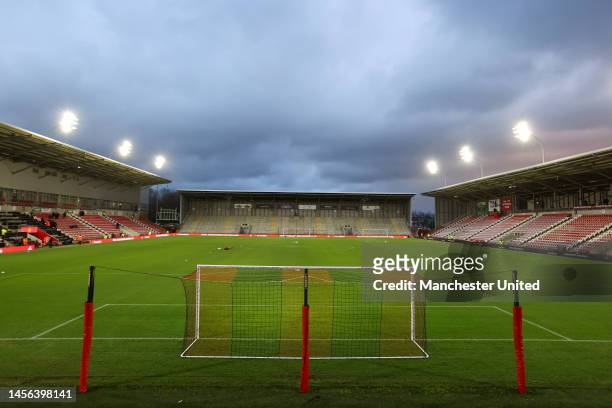 General view inside the stadium prior to the Premier League 2 match between Manchester United U21 and Liverpool U21 at Leigh Sports Village on...