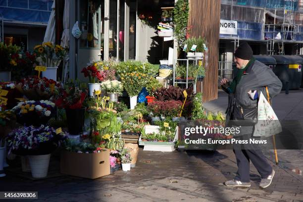 Man walks past a stall in Tirso de Molina square on January 14 in Madrid, Spain. On January 14 in Madrid, Spain. The Tirso de Molina Flower Market...