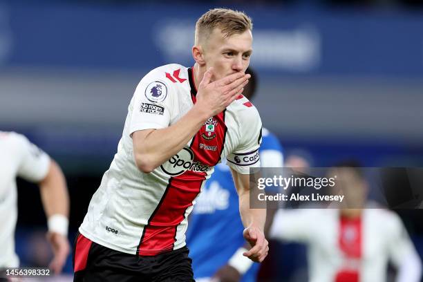 James Ward-Prowse of Southampton celebrates after scoring the team's first goal during the Premier League match between Everton FC and Southampton FC...
