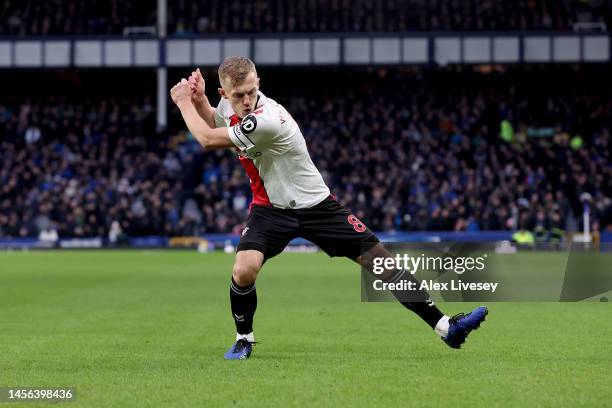 James Ward-Prowse of Southampton celebrates after scoring the team's first goal during the Premier League match between Everton FC and Southampton FC...