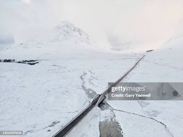 aerial view of scottish highlands snow covered winter landscape - be boundless summit stock pictures, royalty-free photos & images