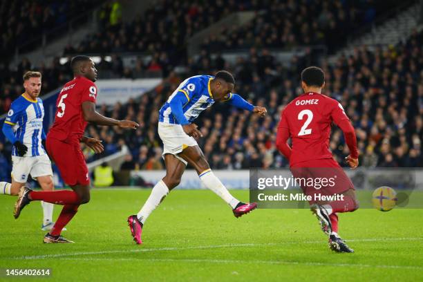 Danny Welbeck of Brighton & Hove Albion scores the team's third goal during the Premier League match between Brighton & Hove Albion and Liverpool FC...